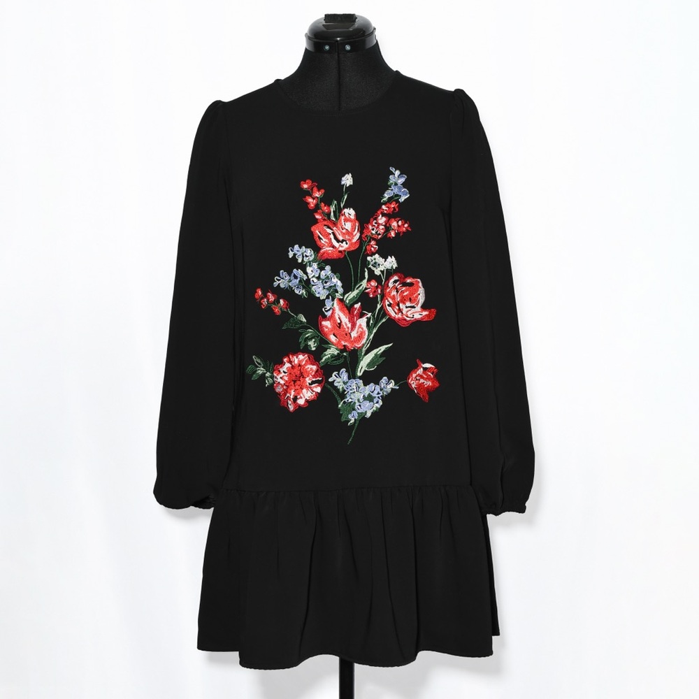 Floral Embroidered Dress Drop Waist Long Sleeve